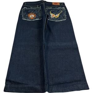 RMC Red Monkey Company Flame & Dragon Embroidered Wide Leg Baggy Y2K Jeans